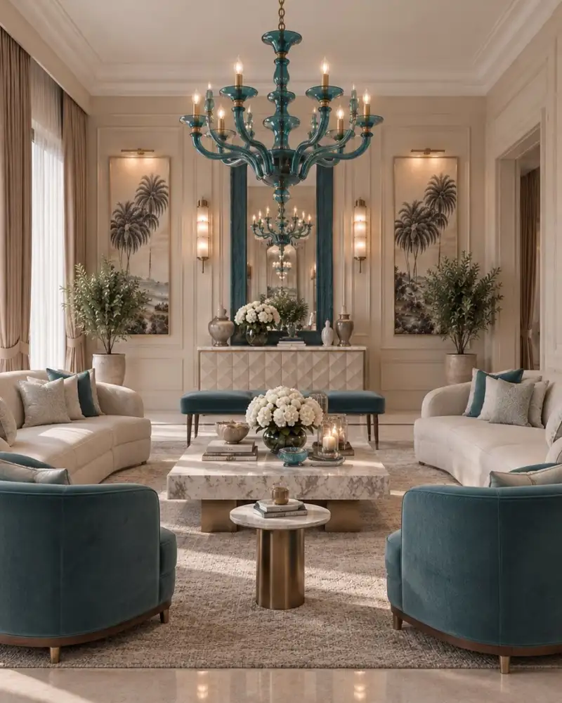 Living room with turquoise velvet chairs and a turquoise glass chandelier