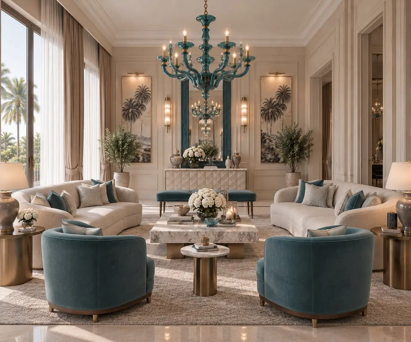 Living room with turquoise velvet chairs and a turquoise glass chandelier