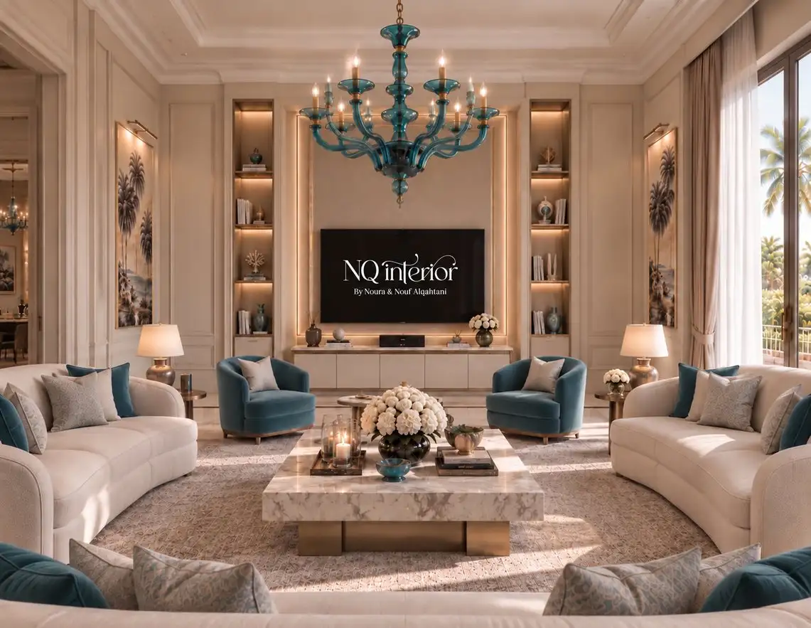 Living room with curved ivory sofas and a marble table