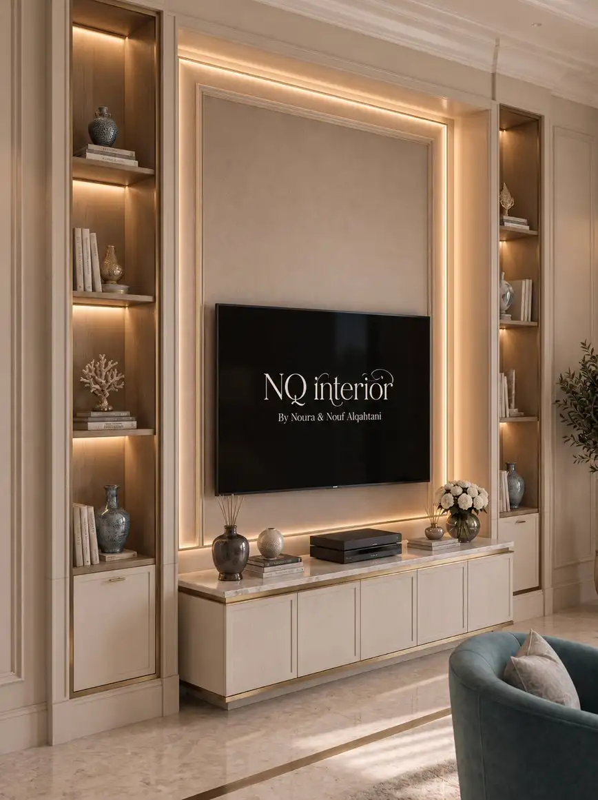 Lit shelving framing the television wall