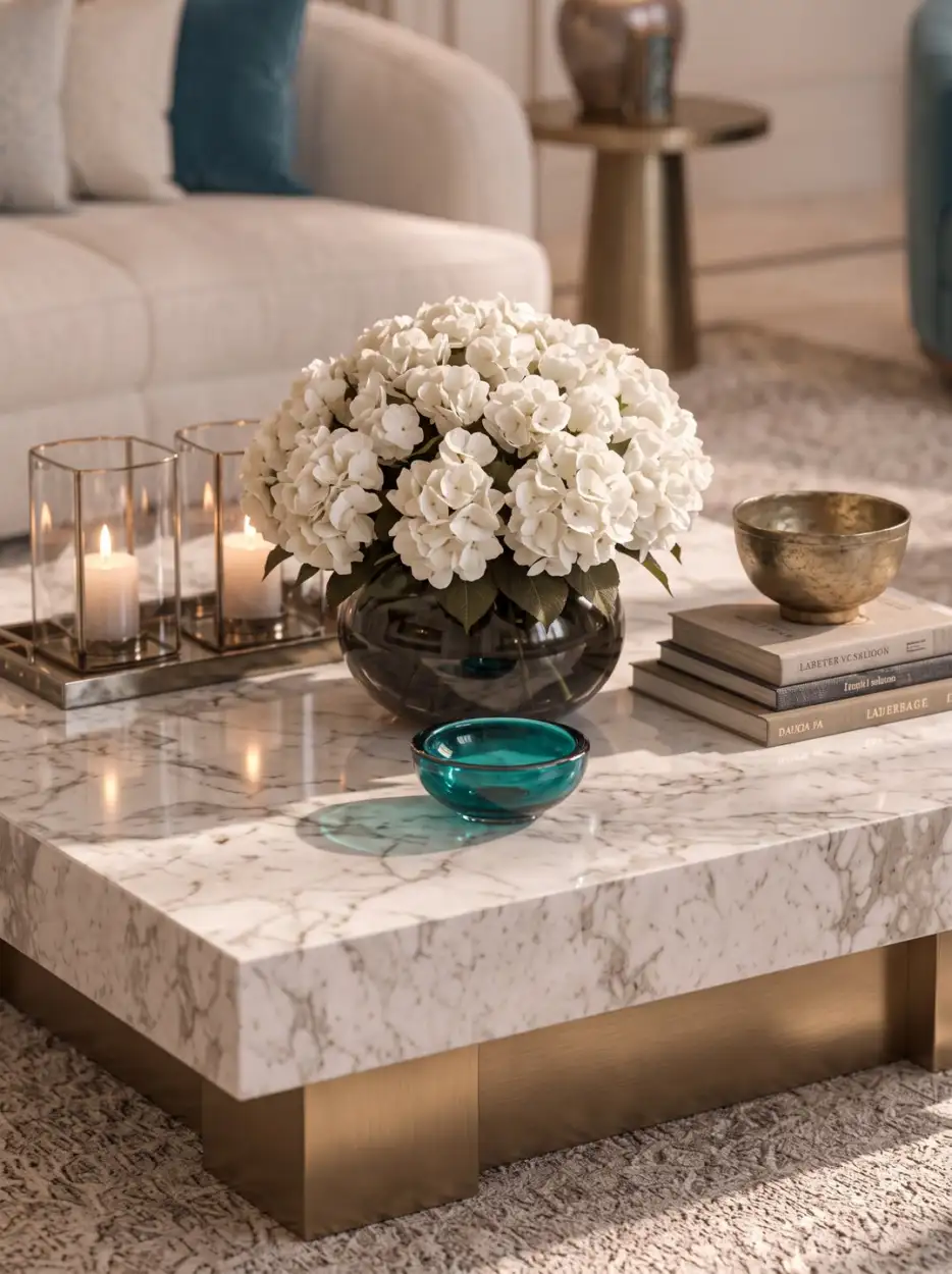 Marble coffee table with white hydrangeas