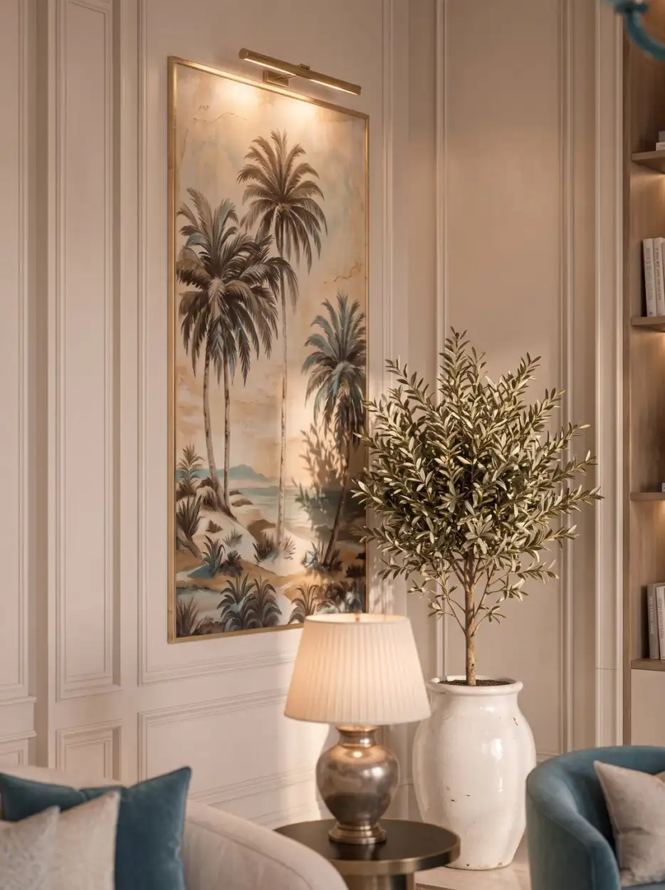 Palm painting, lamp and olive tree in a corner of the living room