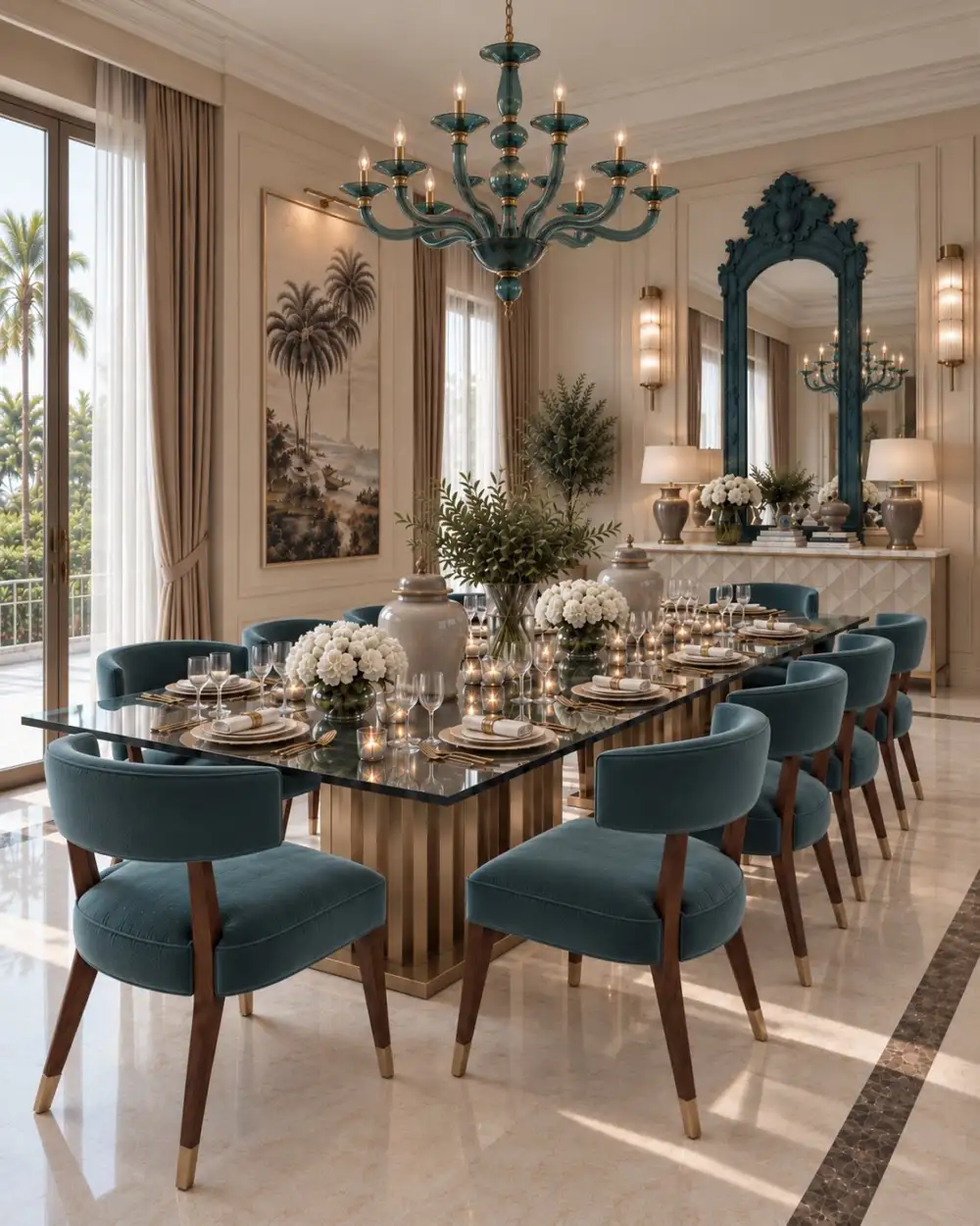 Dining room with a glass table and turquoise velvet chairs