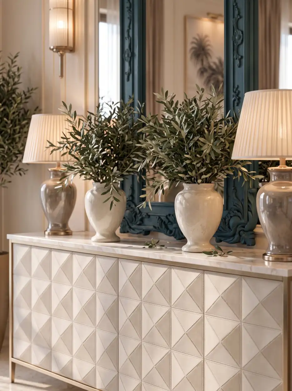Geometric ivory sideboard with olive branches