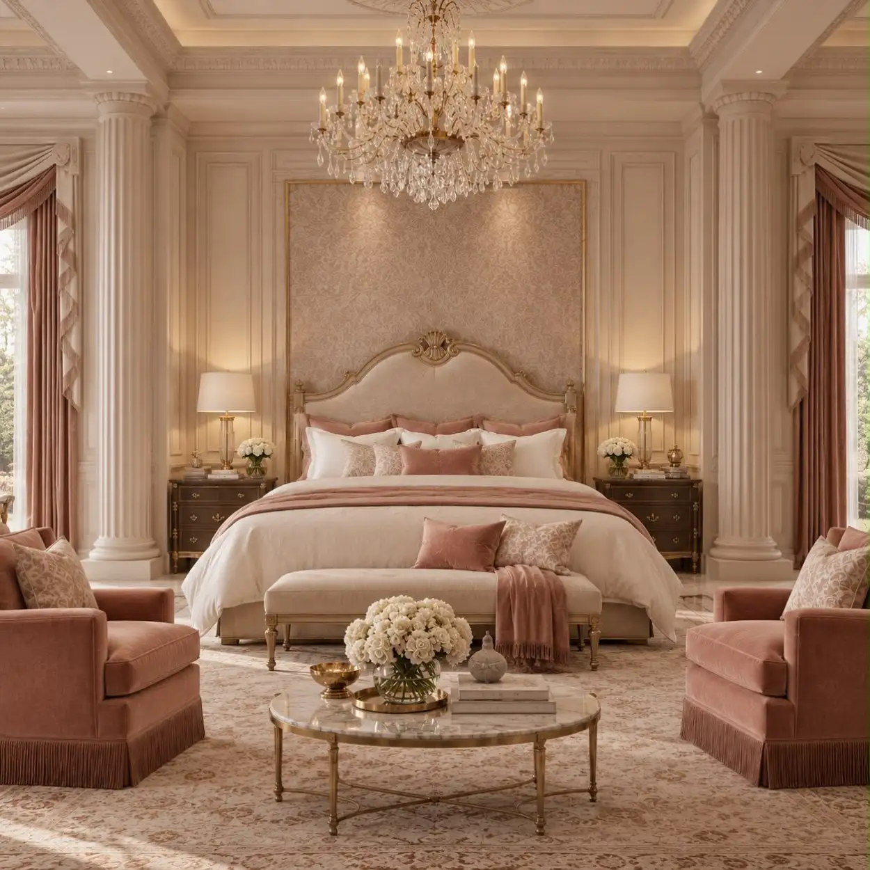 Bedroom with fluted columns, a crystal chandelier and blush velvet armchairs