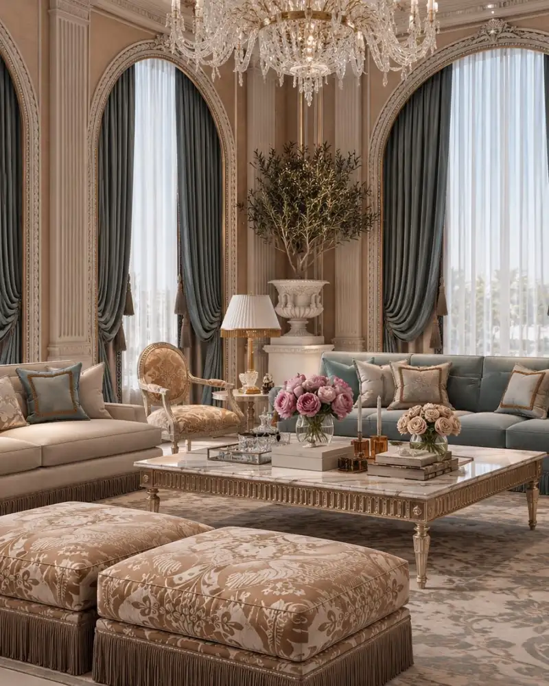 Majlis with arched windows, grey-blue drapes and a crystal chandelier