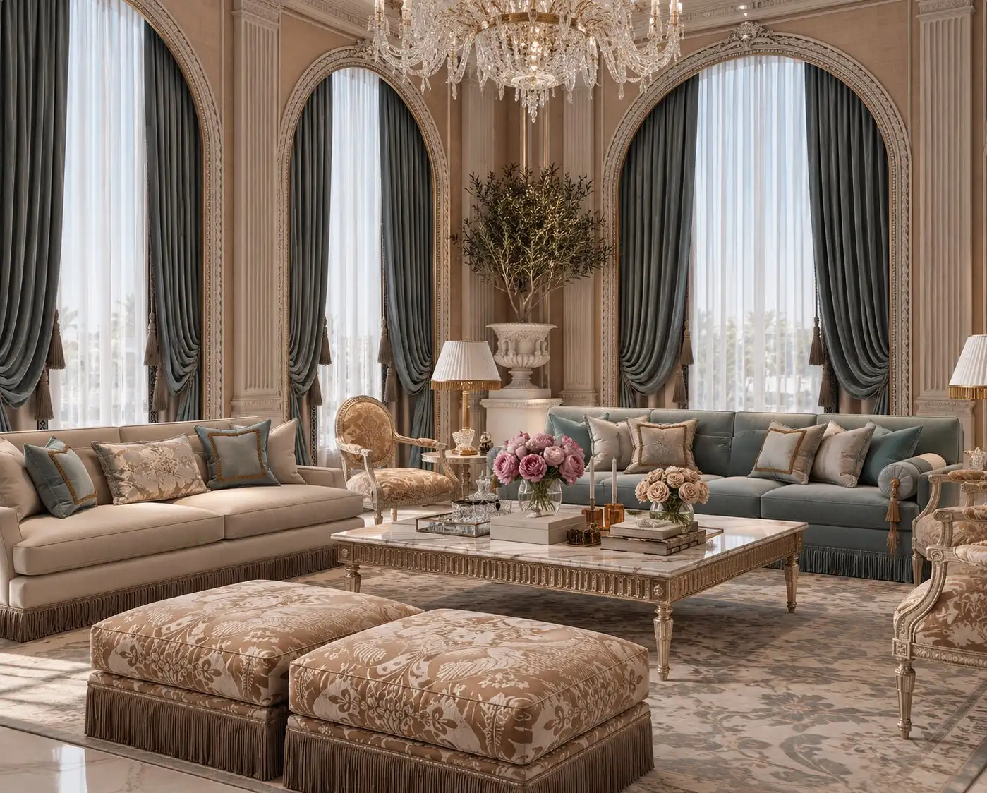 Majlis with arched windows, grey-blue drapes and a crystal chandelier