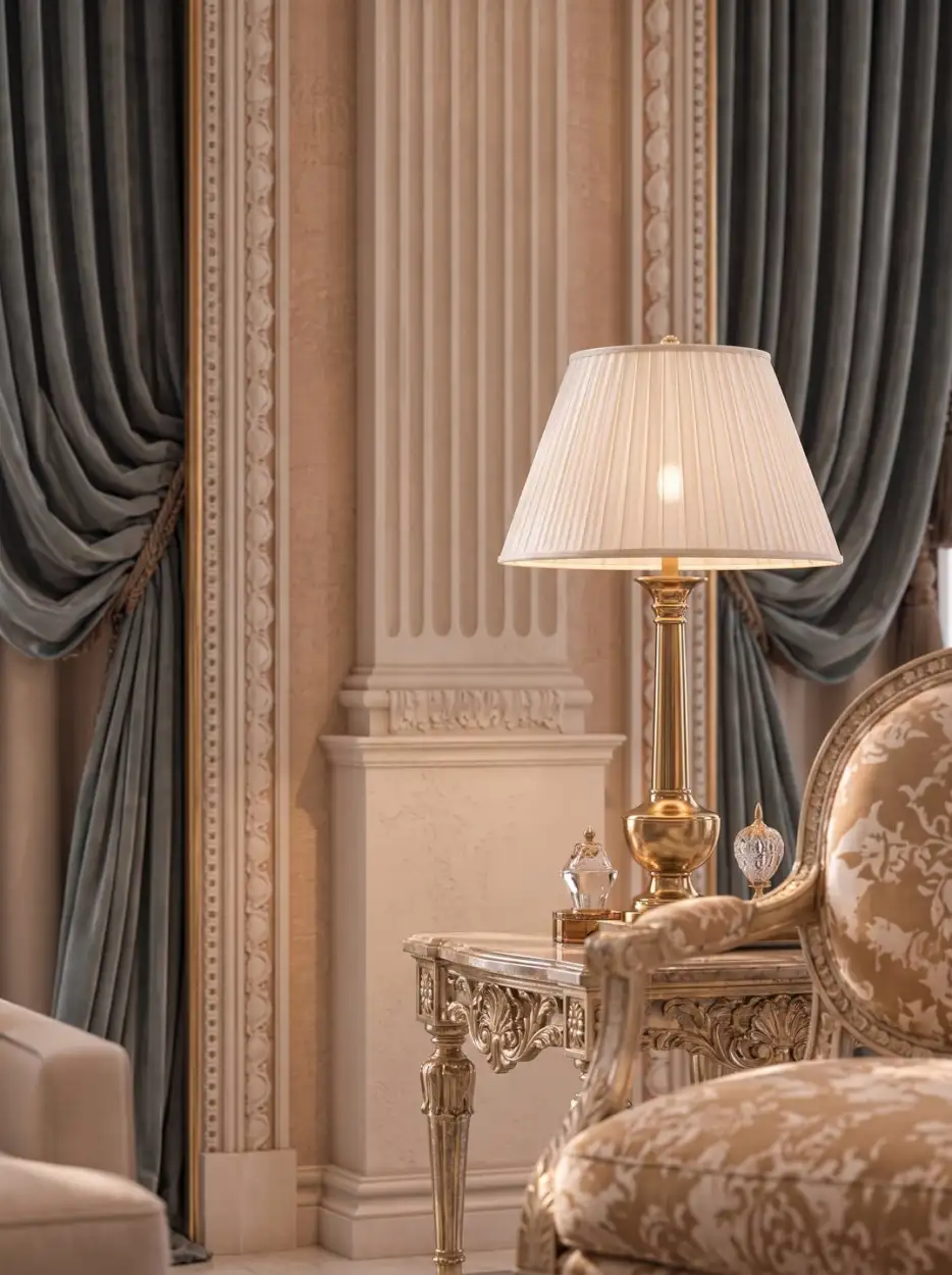Classic column, table lamp and patterned armchair