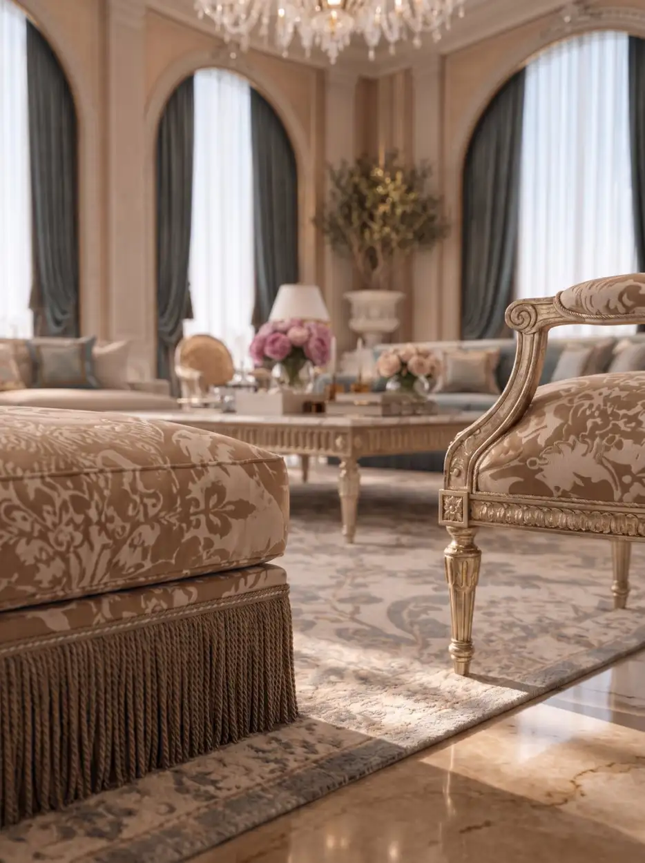 Fringed ottoman and armchairs in the majlis