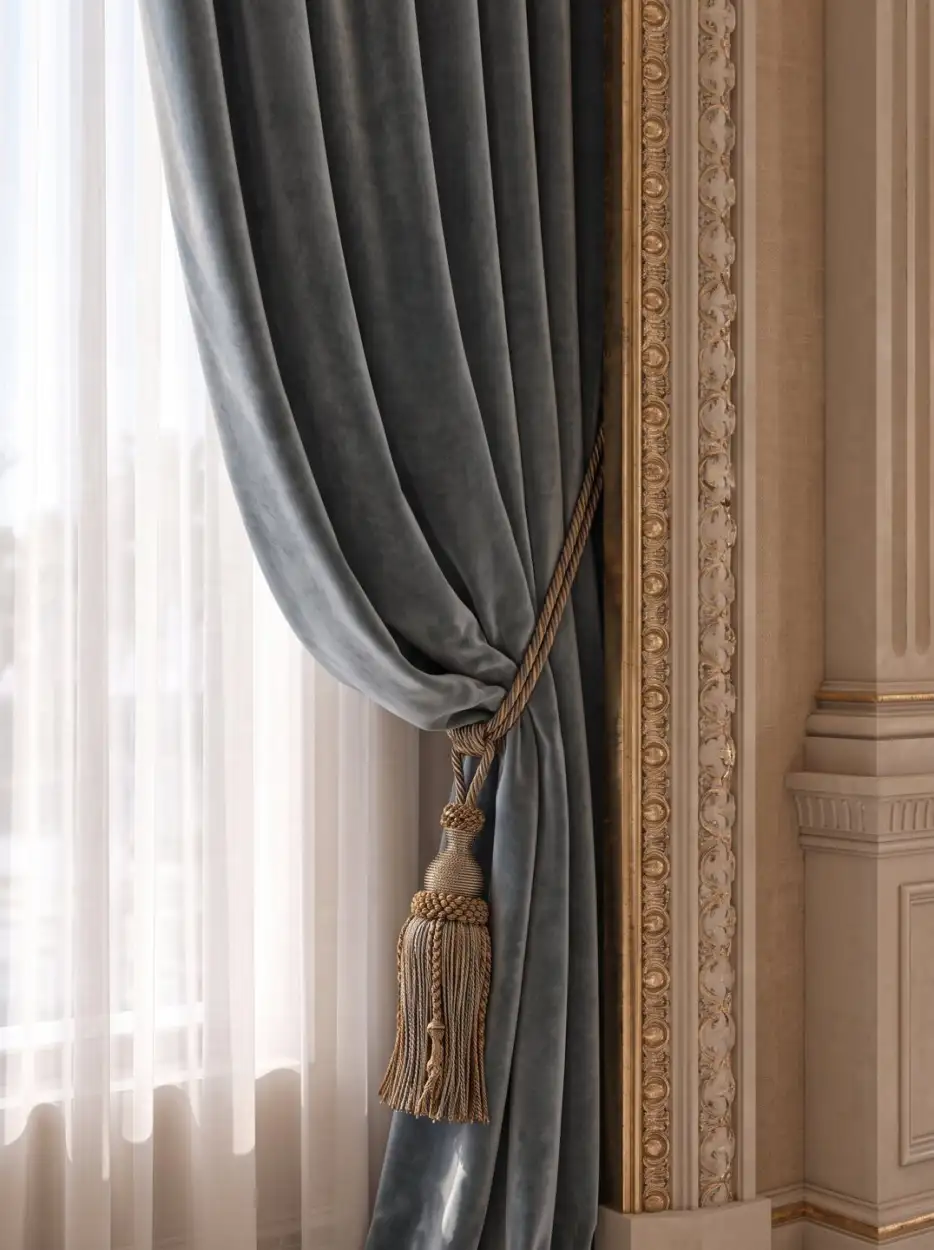 Grey-blue velvet curtain with a tassel tieback