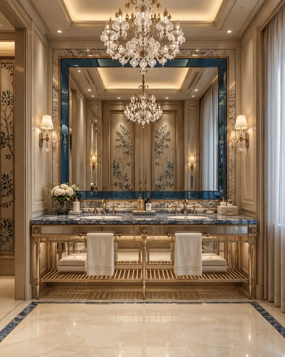 Powder room with twin basins in blue marble and a blue-framed mirror