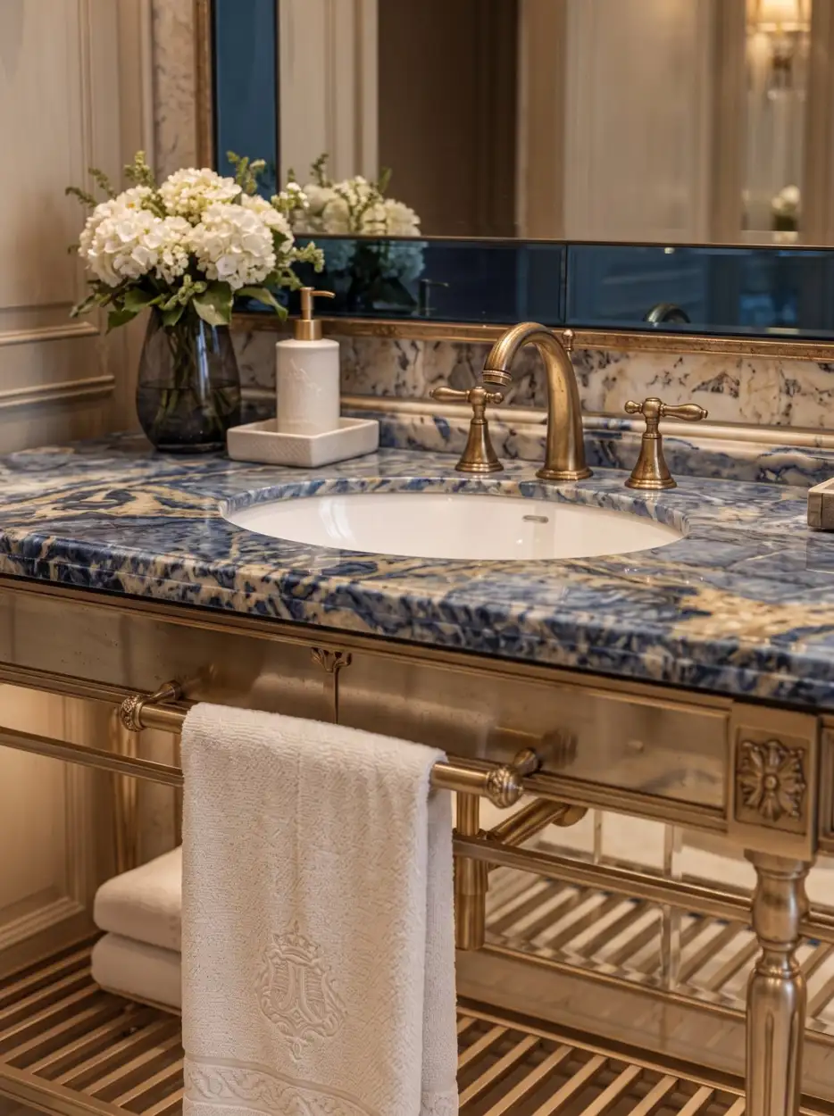 Blue marble basin with gold taps