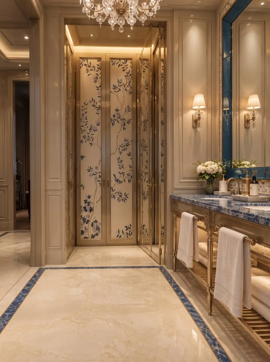Powder room entrance with botanical wall panels