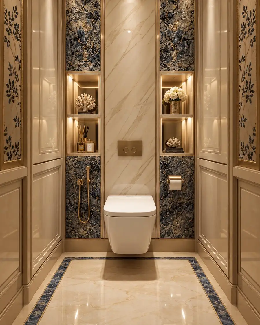 WC with blue marble niches and lit shelves