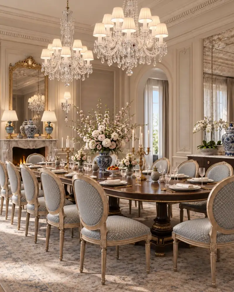 Dining room with a long table, powder-blue chairs and crystal chandeliers
