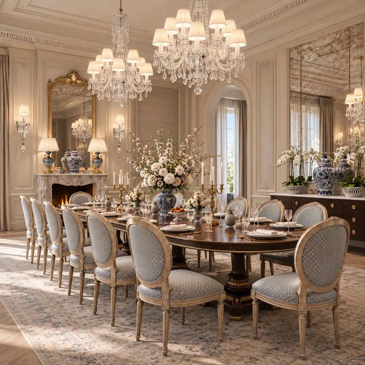 Dining room with a long table, powder-blue chairs and crystal chandeliers