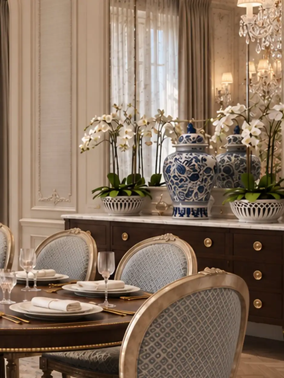 Sideboard with blue-and-white porcelain and orchids