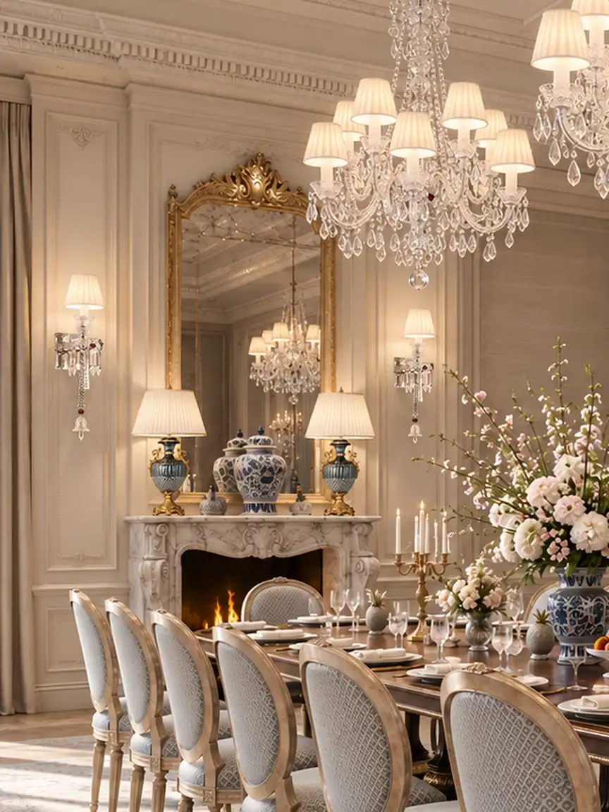 Marble fireplace and gilded mirror at the end of the dining table
