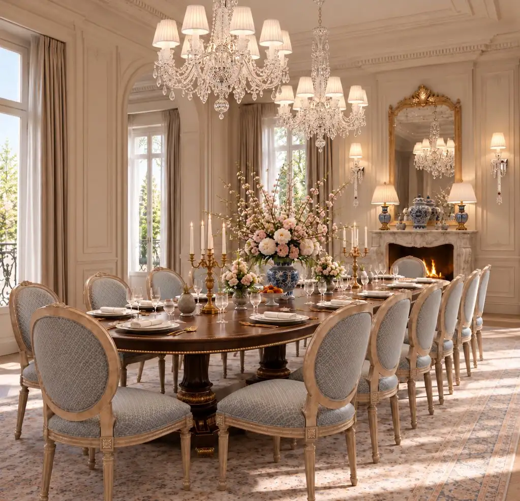 Dining table set beneath two crystal chandeliers