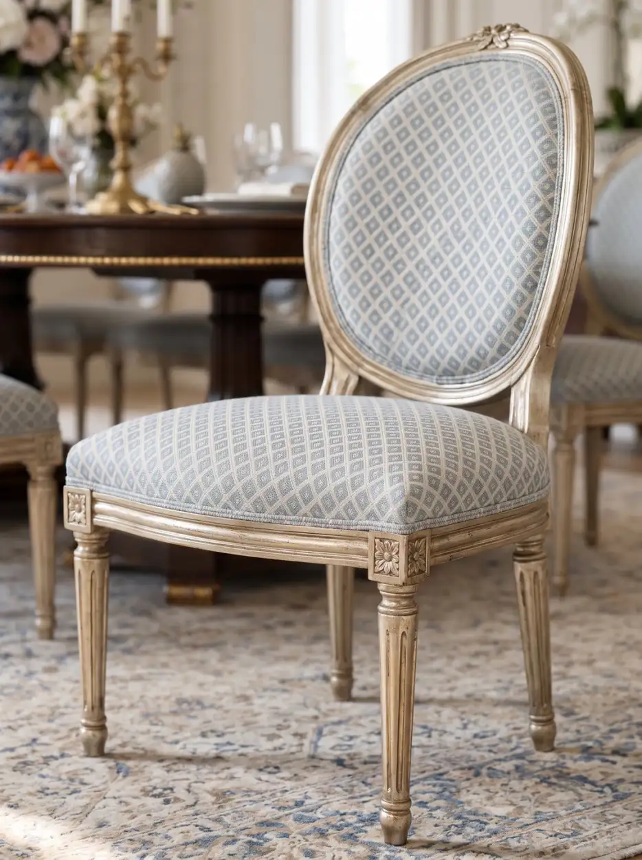 Carved dining chair in powder-blue lattice fabric