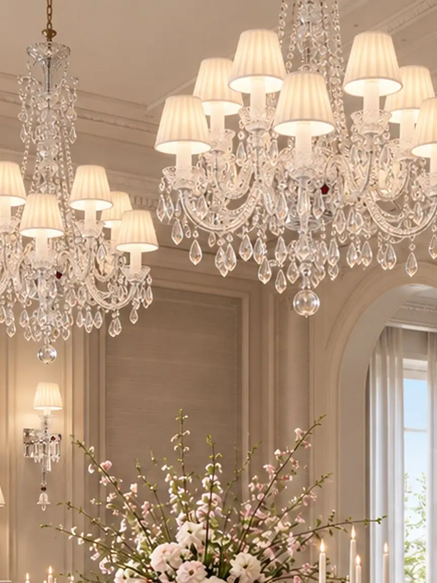 Crystal chandeliers with fabric shades