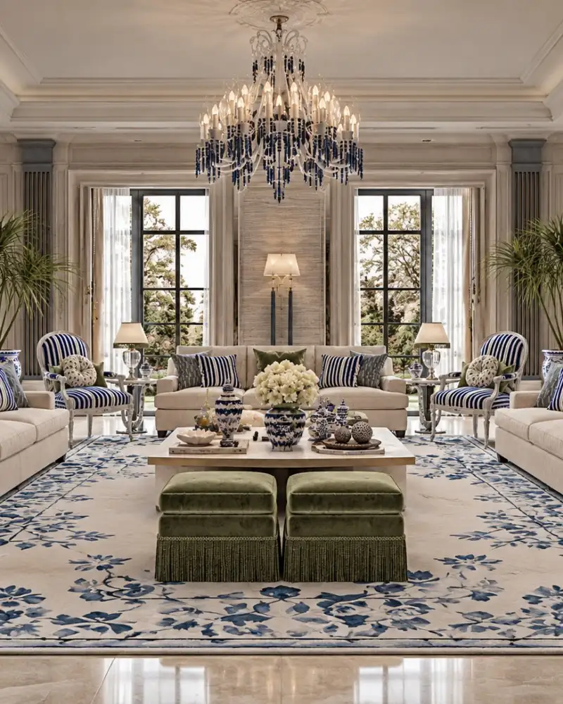 Majlis in royal blue and ivory with olive velvet ottomans