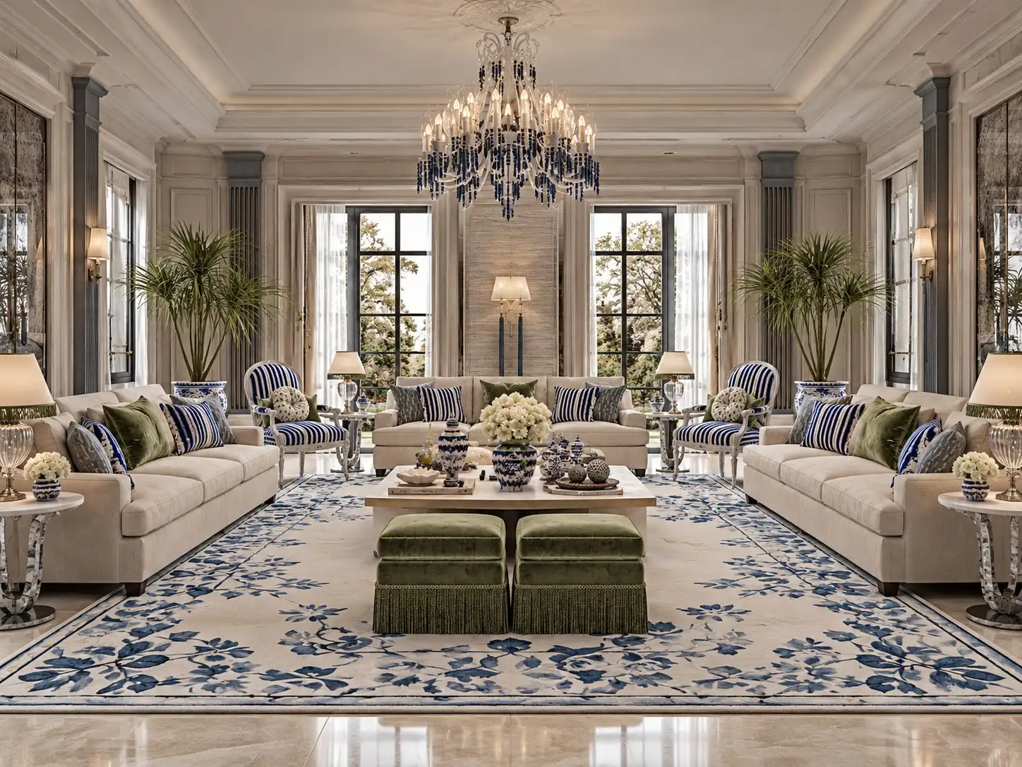Majlis in royal blue and ivory with olive velvet ottomans