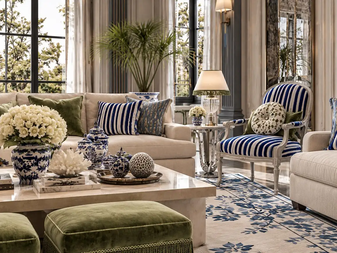 Blue-and-white porcelain, white flowers and striped armchairs