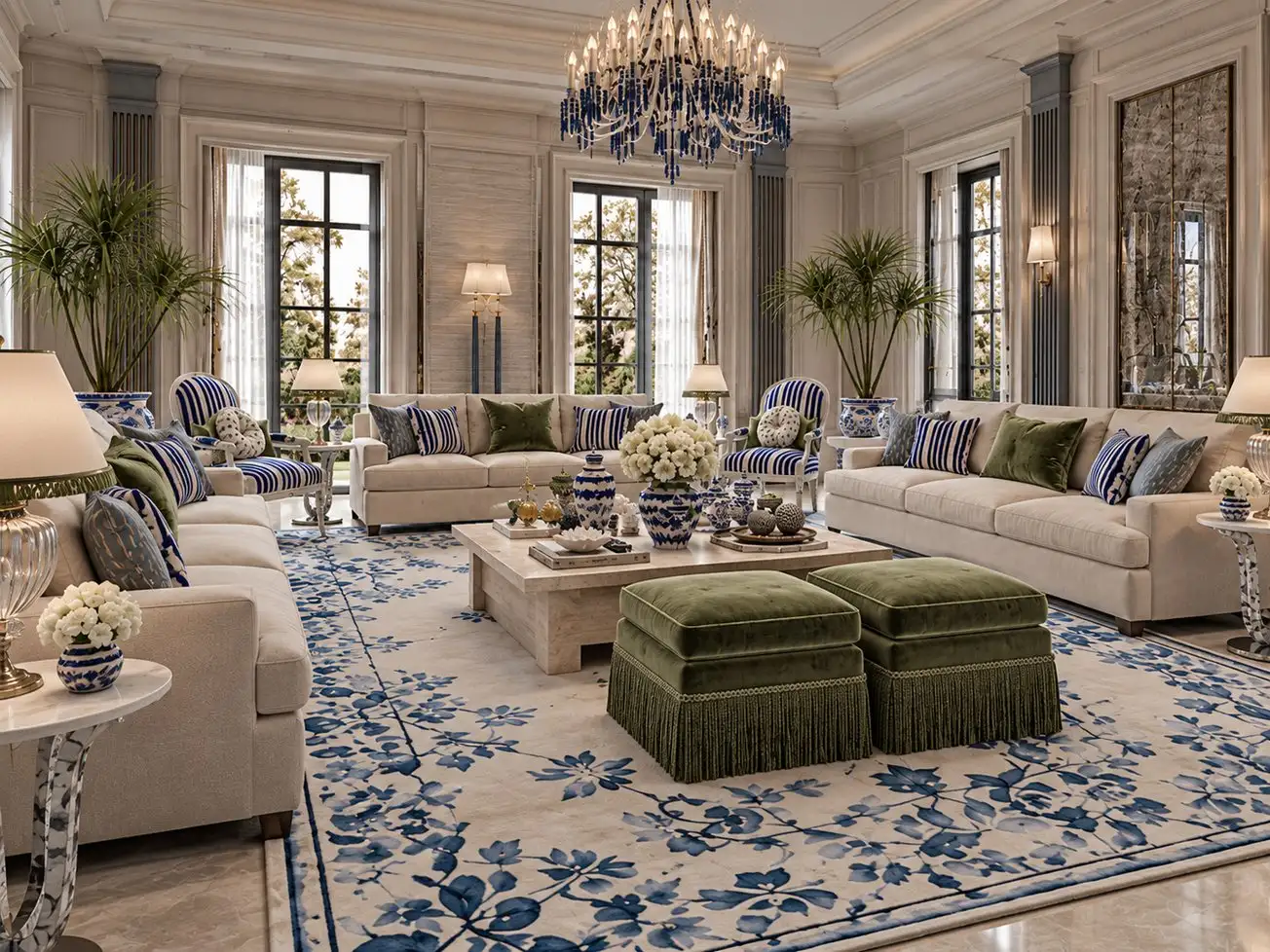 Long view of the majlis with a blue botanical rug