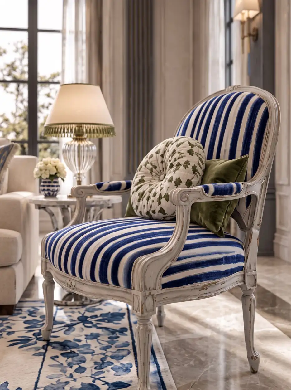 Striped blue armchair with a botanical cushion