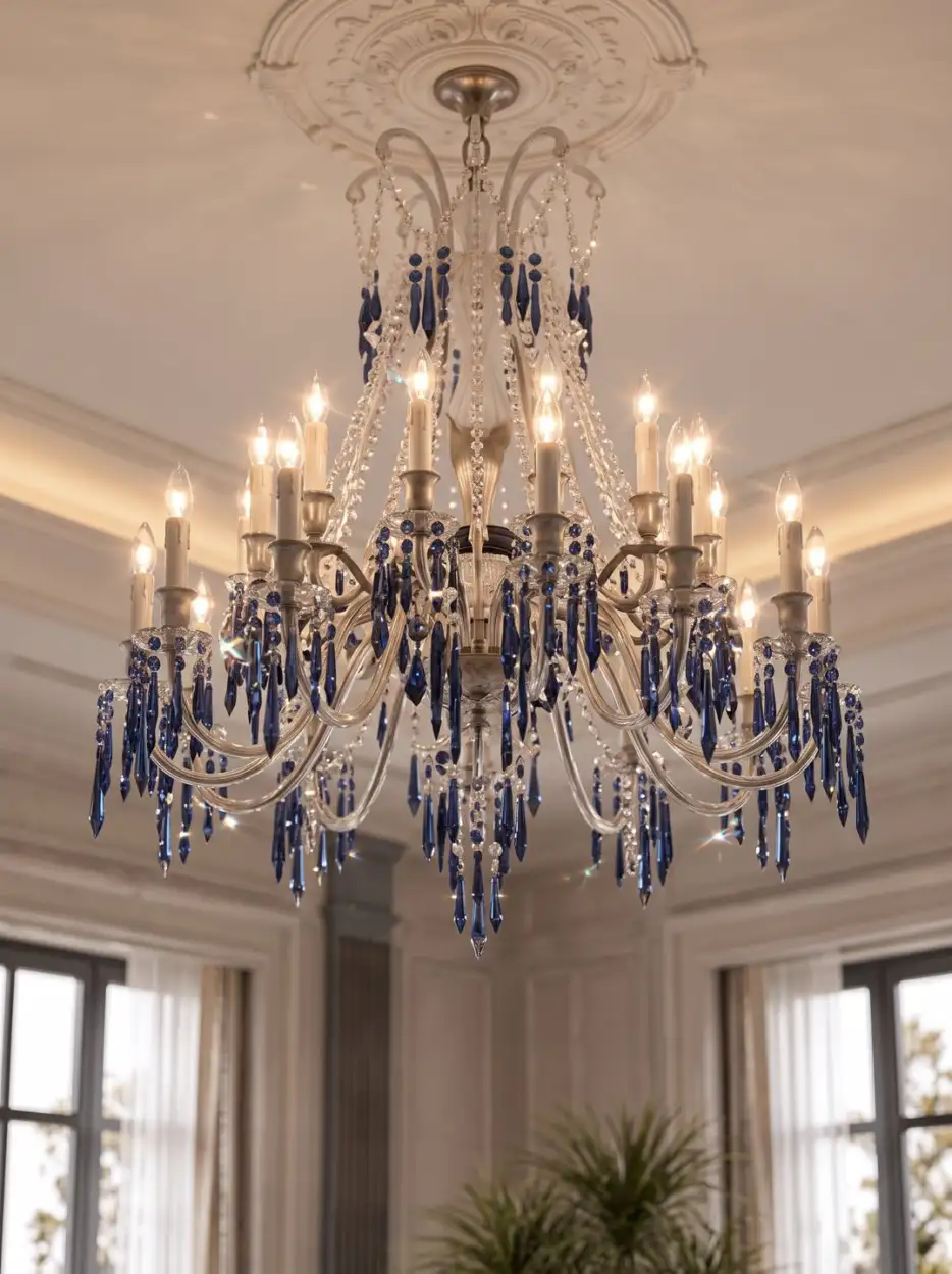 Crystal chandelier with blue drops