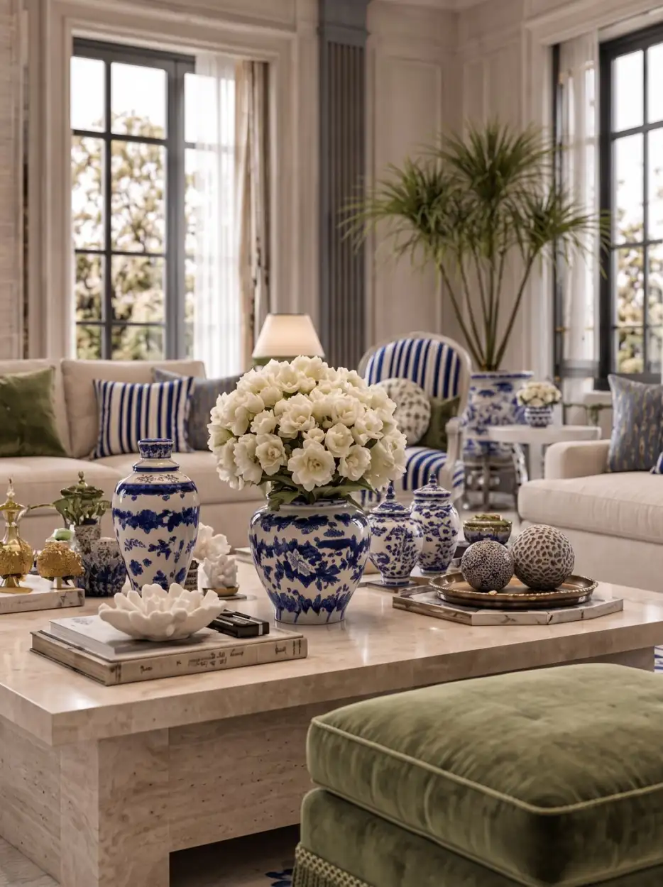 Coffee table with porcelain jars and white hydrangeas
