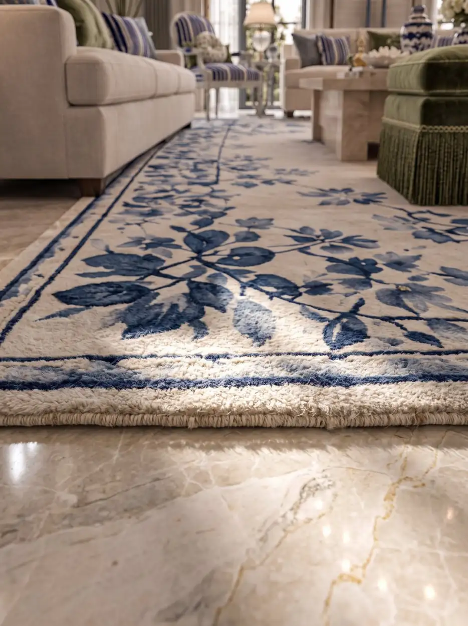 Blue and ivory rug on a marble floor