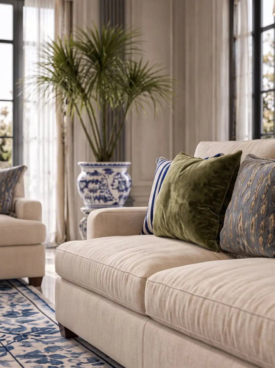 Ivory sofa with olive and blue cushions beside a palm