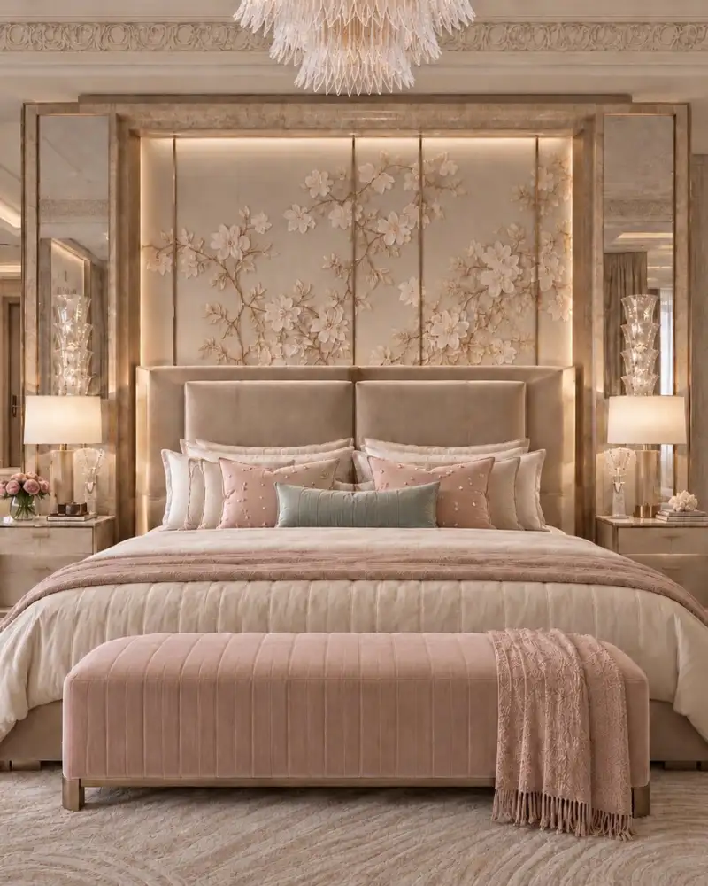 Bedroom with a sculpted floral relief behind an upholstered bed