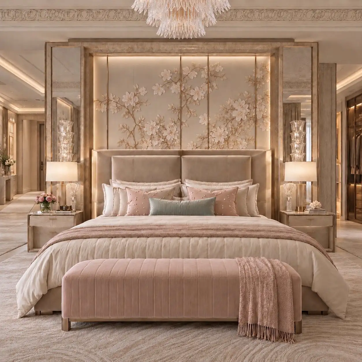 Bedroom with a sculpted floral relief behind an upholstered bed