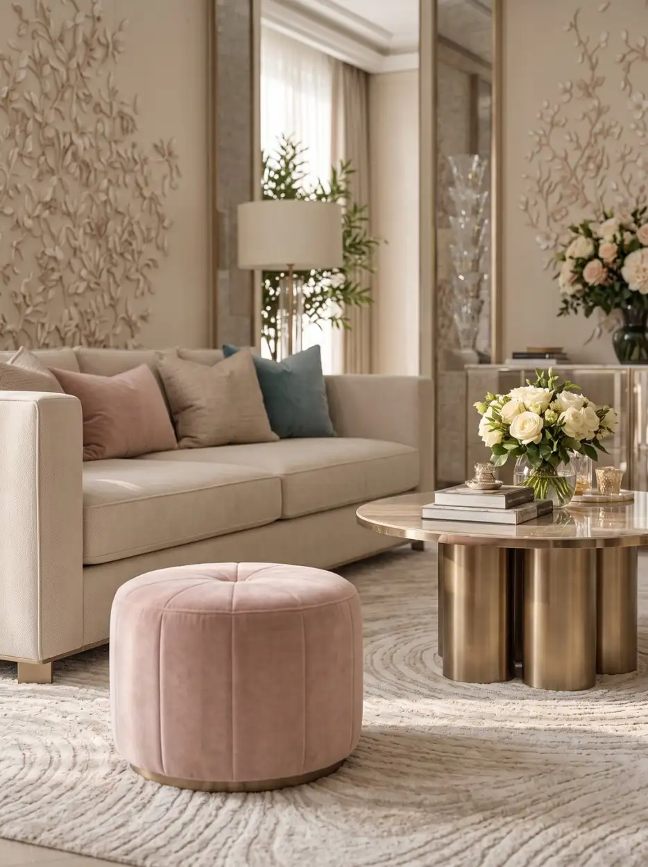 Sitting area with a pink pouf and a gold table