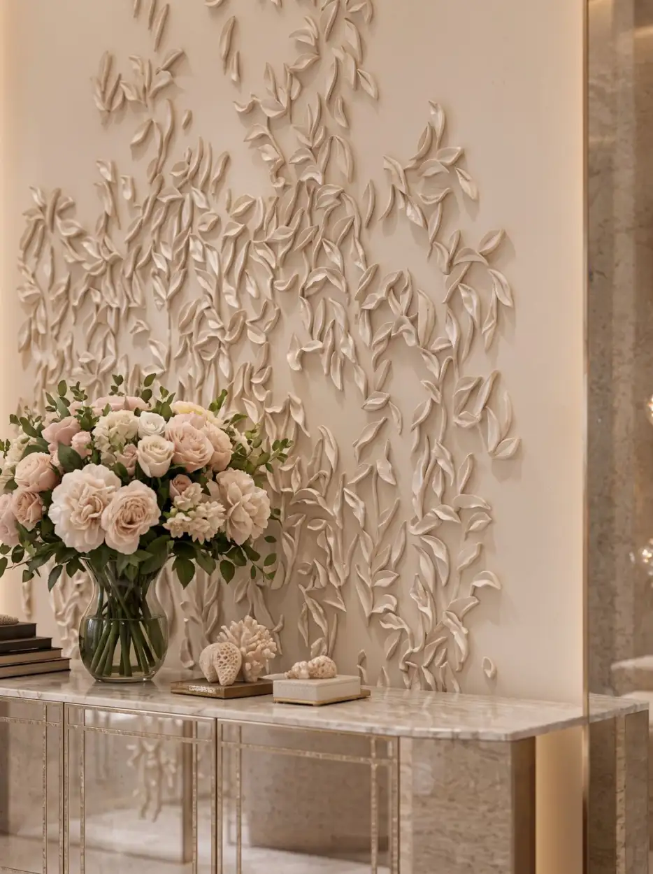 Floral relief and a vase of roses on a marble console