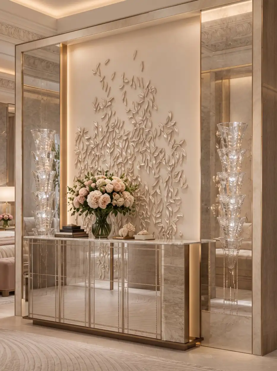 Mirrored console beneath the floral relief