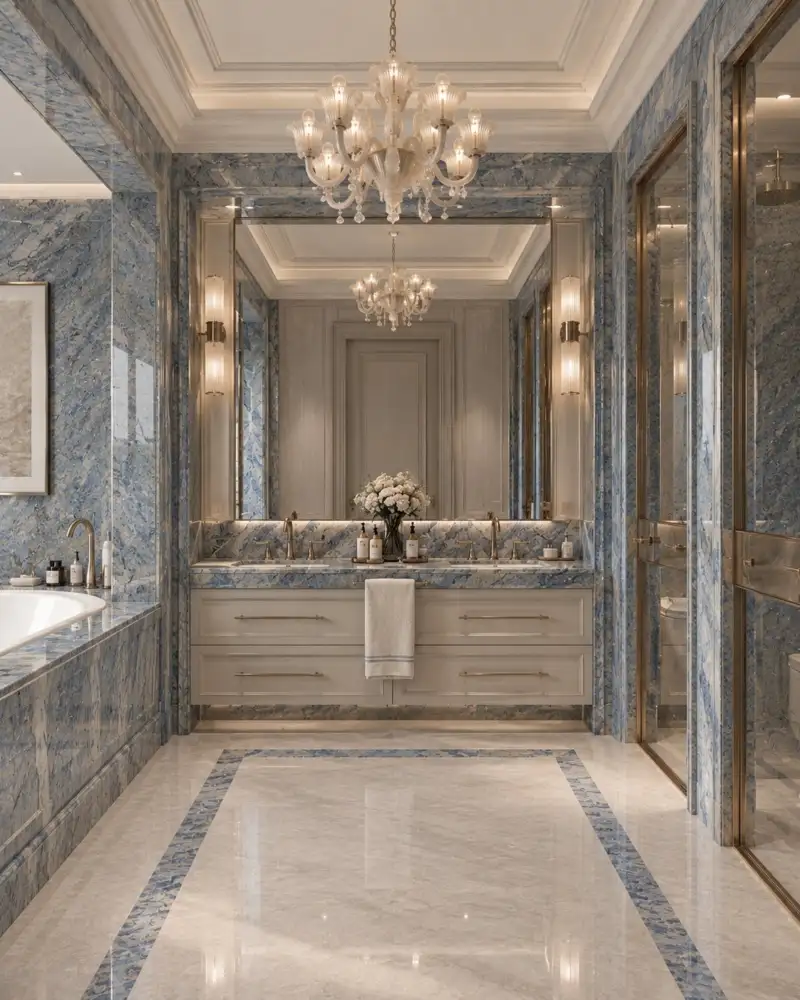 Bathroom in white marble with blue veining and a crystal chandelier