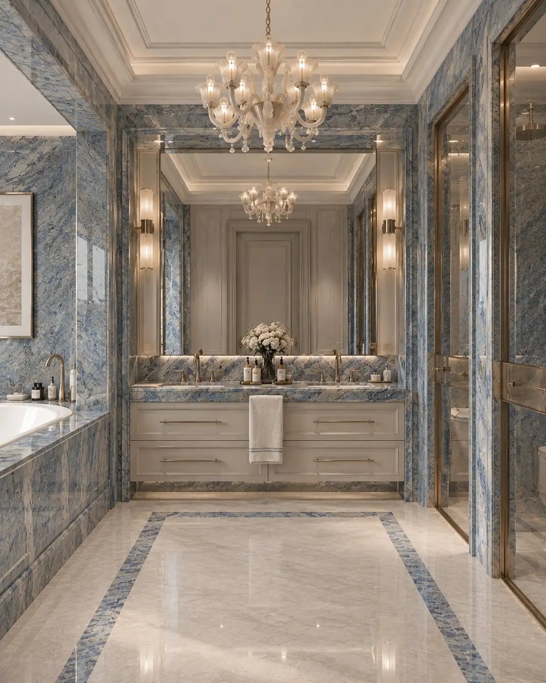 Bathroom in white marble with blue veining and a crystal chandelier