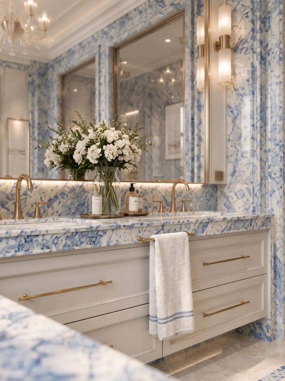 Marble vanity with gold handles and white flowers