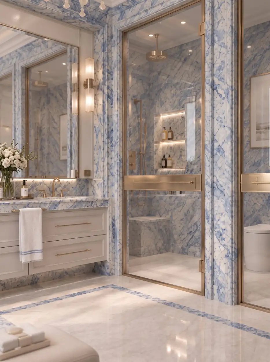 Glass shower beside the blue-veined marble vanity