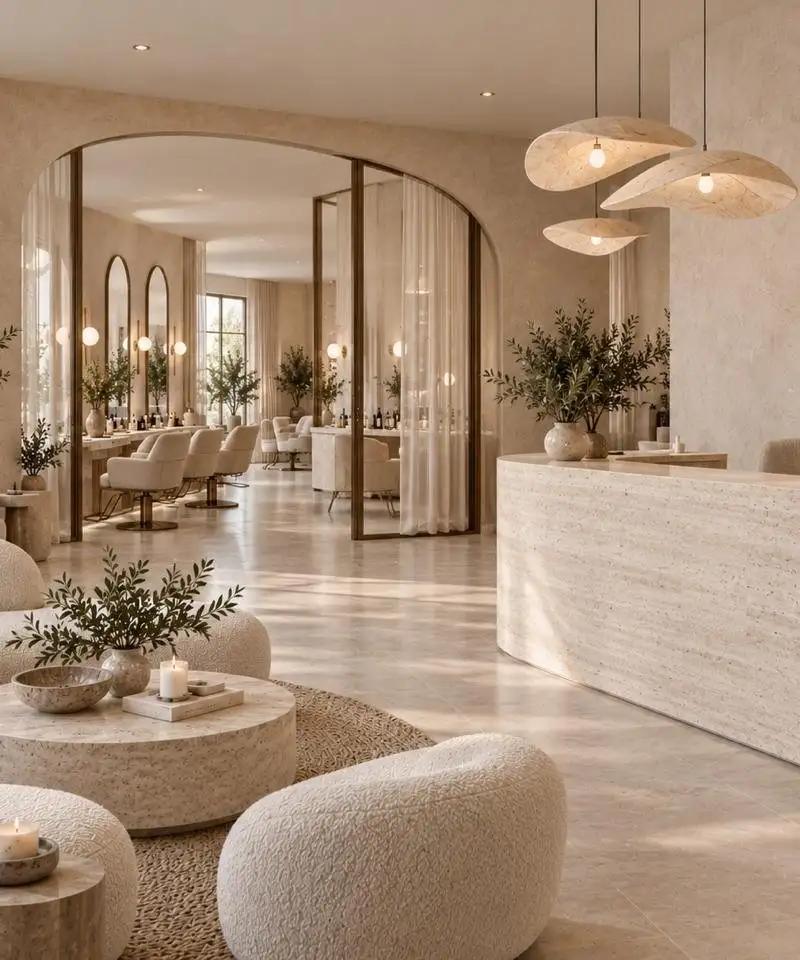 Reception with a curved travertine desk, paper pendants and a lounge of bouclé seating