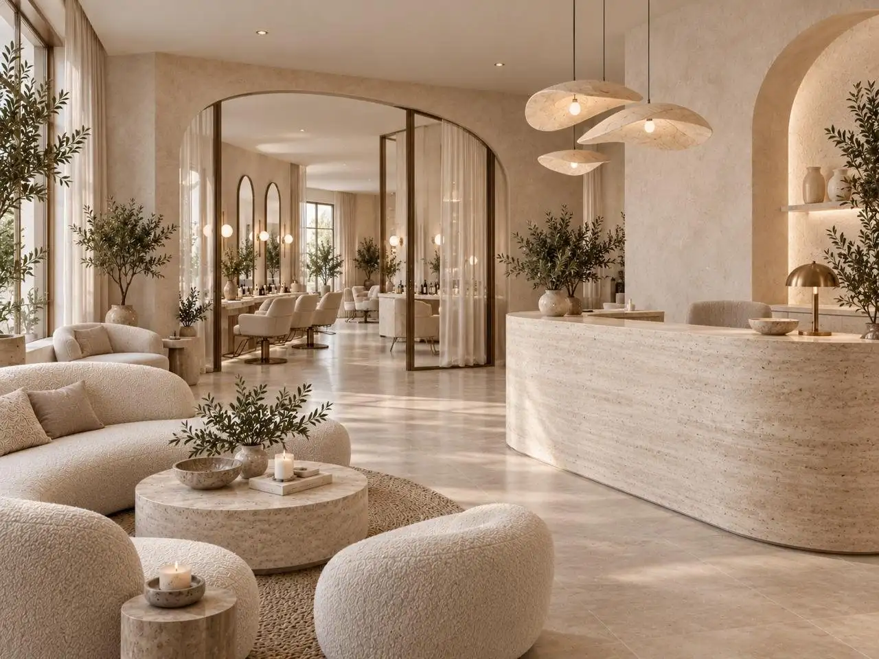 Reception with a curved travertine desk, paper pendants and a lounge of bouclé seating