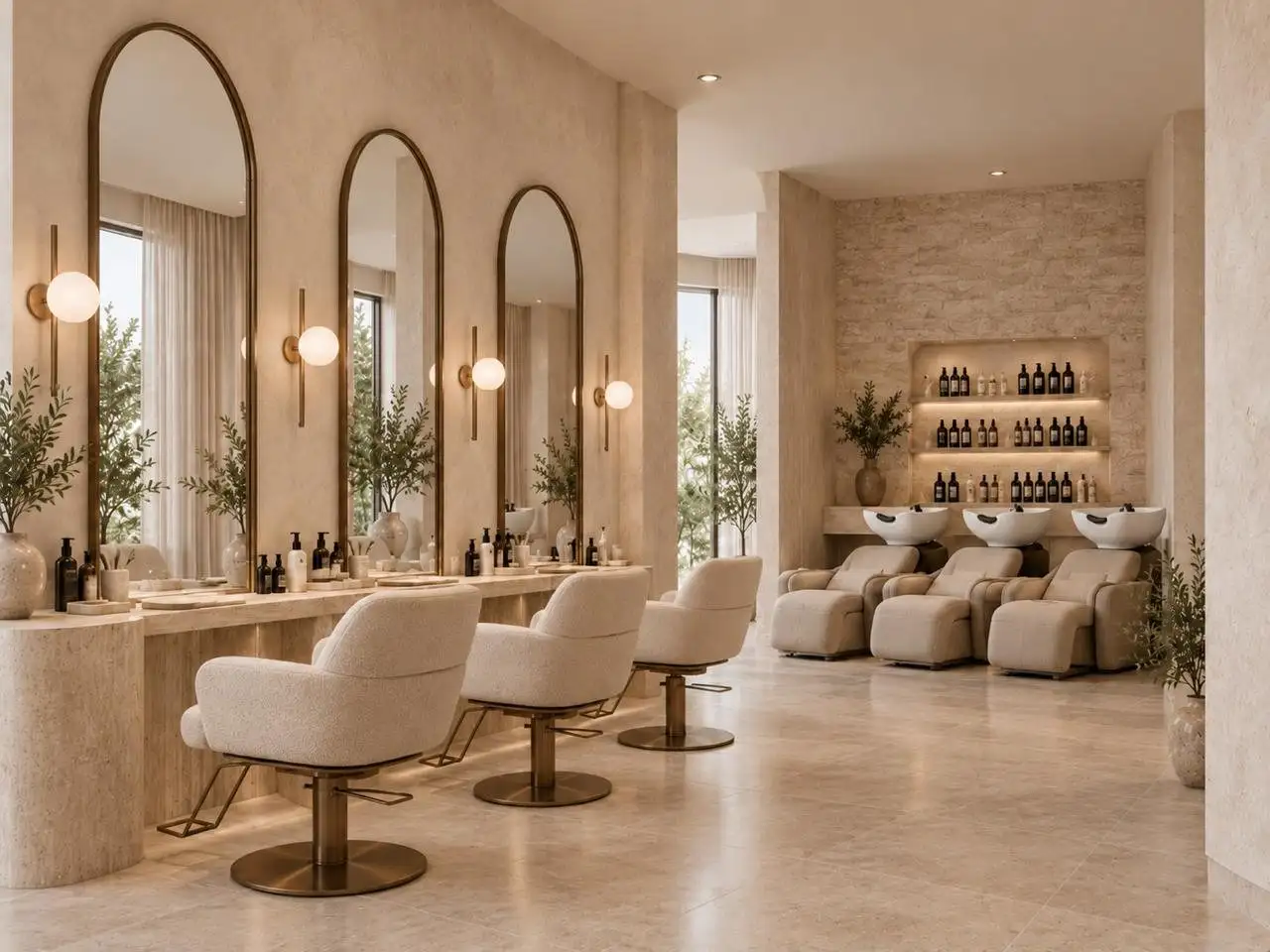 Hair studio with arched brass mirrors and a row of washbasins against a stone wall