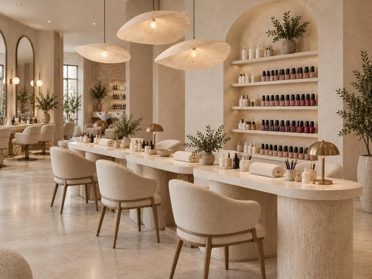 Nail bar with rounded travertine tables, brass lamps and shelves of polish