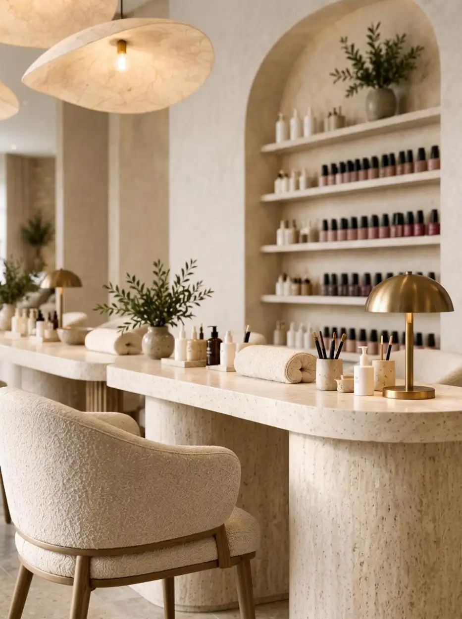 Nail station with a brass lamp before an arched niche of polish shelves