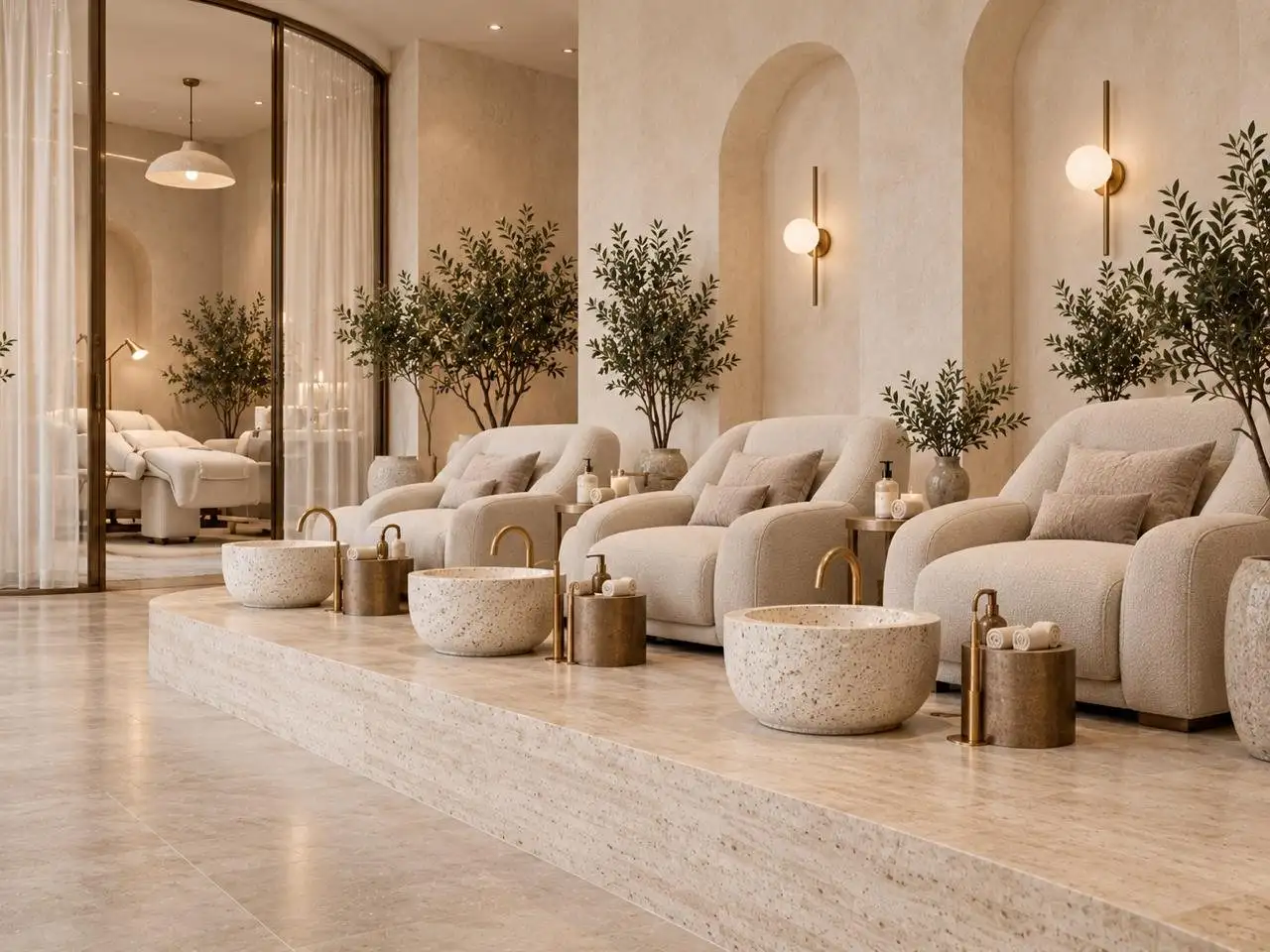 Pedicure lounge with bouclé armchairs and terrazzo basins on a stone platform