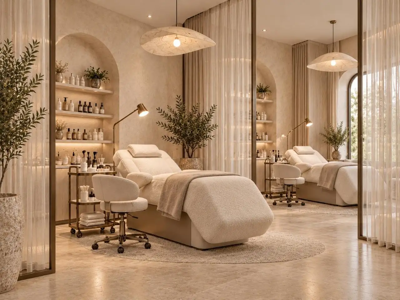 Facial rooms behind sheer curtains, with padded beds and brass trolleys